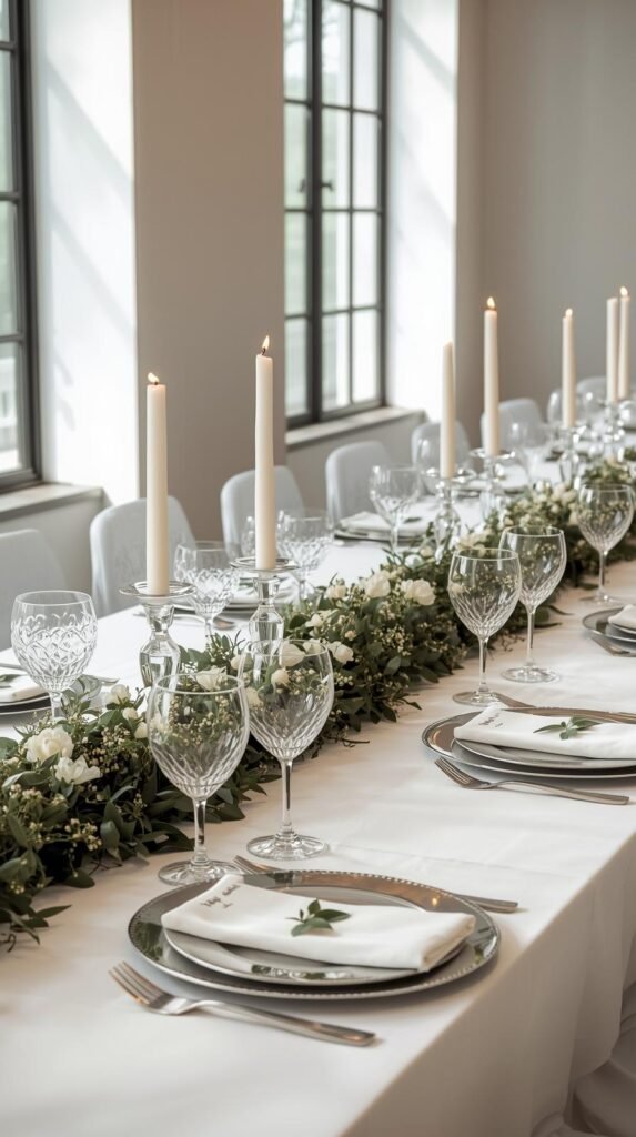 Elegant modern tablescape featuring a lush green garland centerpiece made of fresh foliage and white accent flowers running the length of a white tablecloth. The setting includes clear glass candle holders with ivory pillar candles, polished silver cutlery, and crystal glassware filled with water and greenery sprigs. Each place setting is styled with a silver charger, white napkin, and a small green leaf accent. Soft natural light from large windows creates a clean, romantic, and sophisticated atmosphere — ideal for a wedding or upscale dinner event. High-resolution lifestyle photography with a refined, minimalist aesthetic.