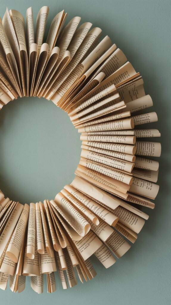 Handcrafted wreath made from rolled vintage book pages, each page curled into petal-like cones and layered in concentric circles. The design forms a full, symmetrical shape with a soft, sculptural texture. The pages feature aged cream tones with visible printed text, creating a rustic, literary-inspired aesthetic. Displayed against a muted teal background with soft, even lighting that highlights the details and shadows of the folded paper. High-resolution DIY home decor photography with a cozy, creative, and upcycled charm