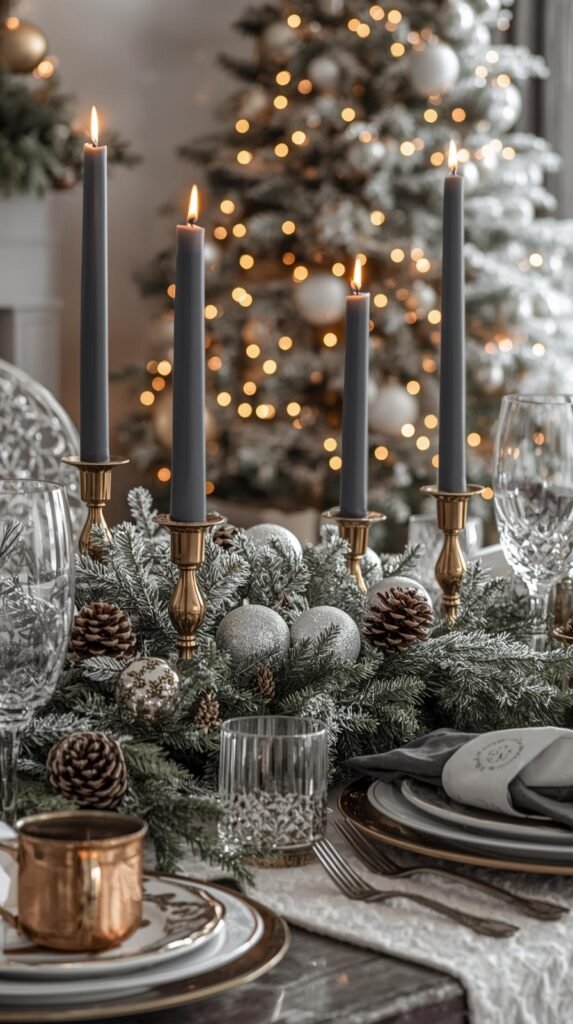 Elegant Christmas dining table setup with a luxurious holiday centerpiece featuring frosted greenery, pinecones, and silver and gold ornaments. The table is styled with gold candlesticks holding slate gray candles, copper mugs, layered plates, and crystal glassware. A white knit table runner adds texture beneath the greenery garland, creating a cozy yet refined winter aesthetic. In the background, a flocked Christmas tree with warm lights enhances the festive atmosphere. The overall scene exudes sophistication and warmth with a mix of metallic tones, soft lighting, and natural holiday elements. High-resolution lifestyle photography