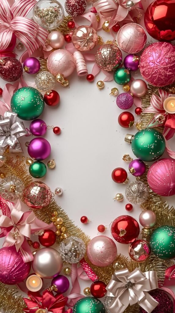 A flat lay of holiday decorations showing the Berry Jolly color palette.