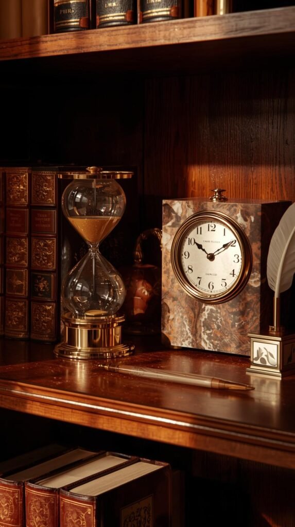 A golden hourglass and marble desk clock on a shelf with books and office accessories, sunlight reflecting softly.