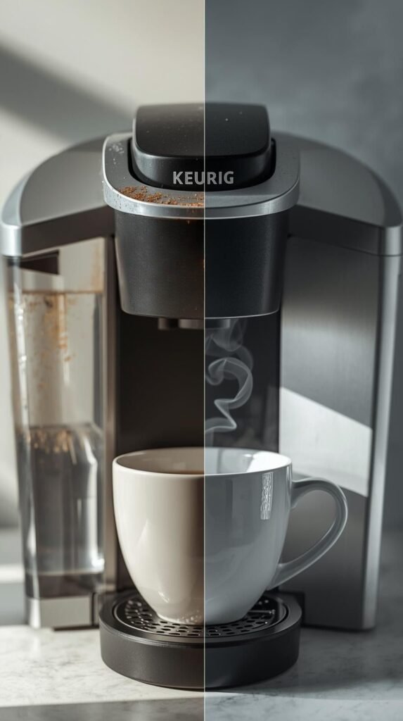 A close-up shot of a dirty Keurig nozzle and water reservoir contrasted with a sparkling clean version side-by-side. Focus on showing mineral buildup, residue, and steam rising from a freshly brewed cup. Lighting: natural, minimal aesthetic, subtle steam details.