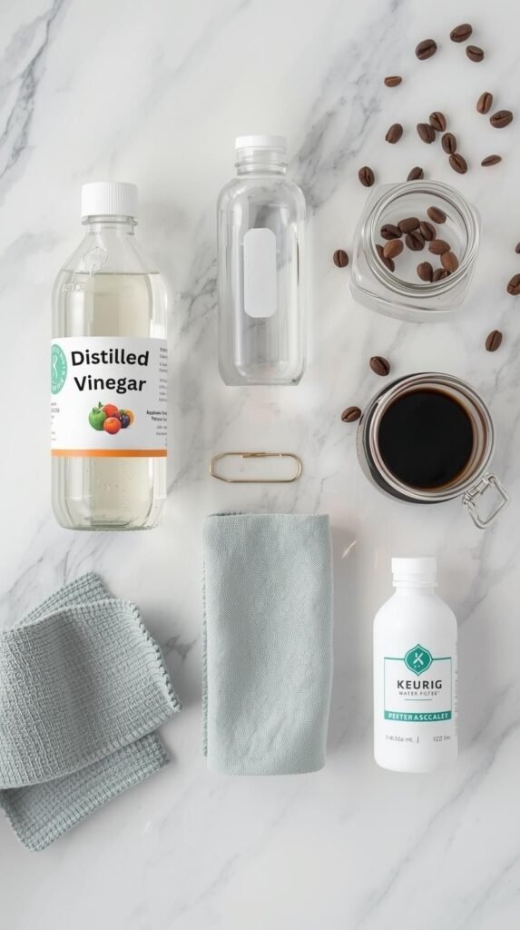 A neatly arranged flat lay of Keurig cleaning essentials: white vinegar, a bottle of descaling solution, microfiber cloth, paper clip, dish soap, and a replacement water filter on a marble countertop. Include labeled glass jars and subtle coffee beans in the background for warmth.