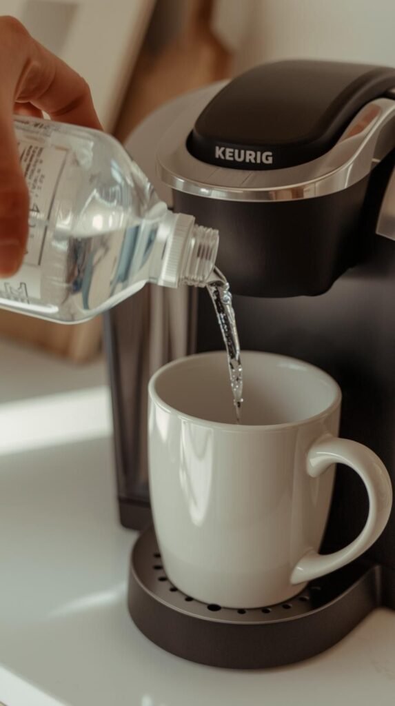 A photo showing someone pouring white vinegar into the Keurig’s water reservoir next to a large mug. Include a vinegar bottle and a subtle “DIY cleaning” vibe. 