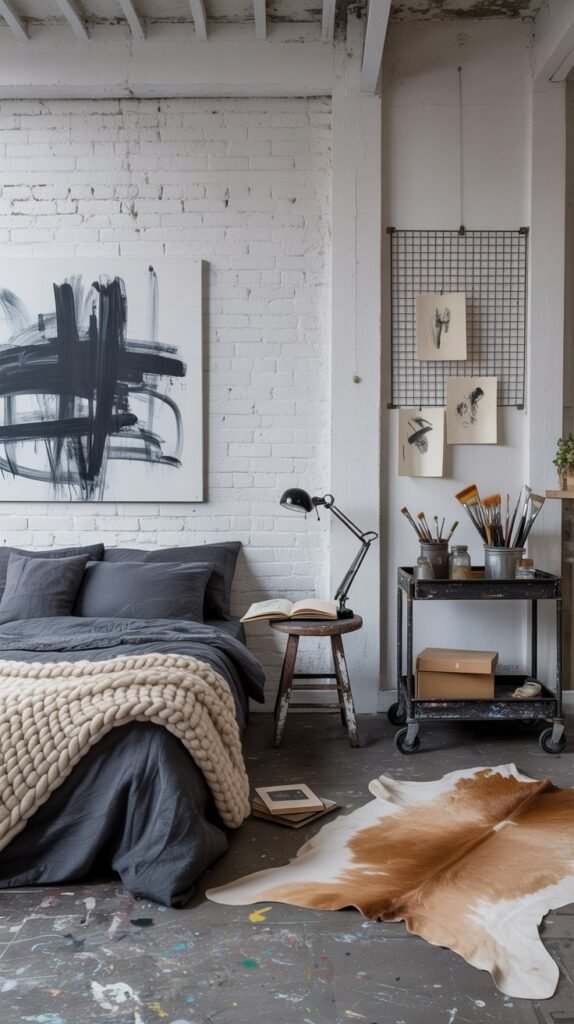 Industrial artist loft bedroom with creative, lived-in character. A white-painted exposed brick wall serves as the backdrop, with a large abstract black-and-white canvas leaning casually against it. The bed is dressed in dark gray bedding with a chunky cream knit throw draped across it. Next to the bed, a rustic setup includes a small industrial side table, a wooden stool, and a rolling metal cart holding books, jars, and art supplies. A black adjustable desk lamp adds function and style. Above the table, a wire grid pinned with hand-drawn sketches and photos enhances the artistic vibe. The floor is concrete with paint splatters, partially covered by a natural cowhide rug and a small woven jute mat. The overall aesthetic is raw, creative, and eclectic — blending industrial elements with a bohemian, studio-like atmosphere.