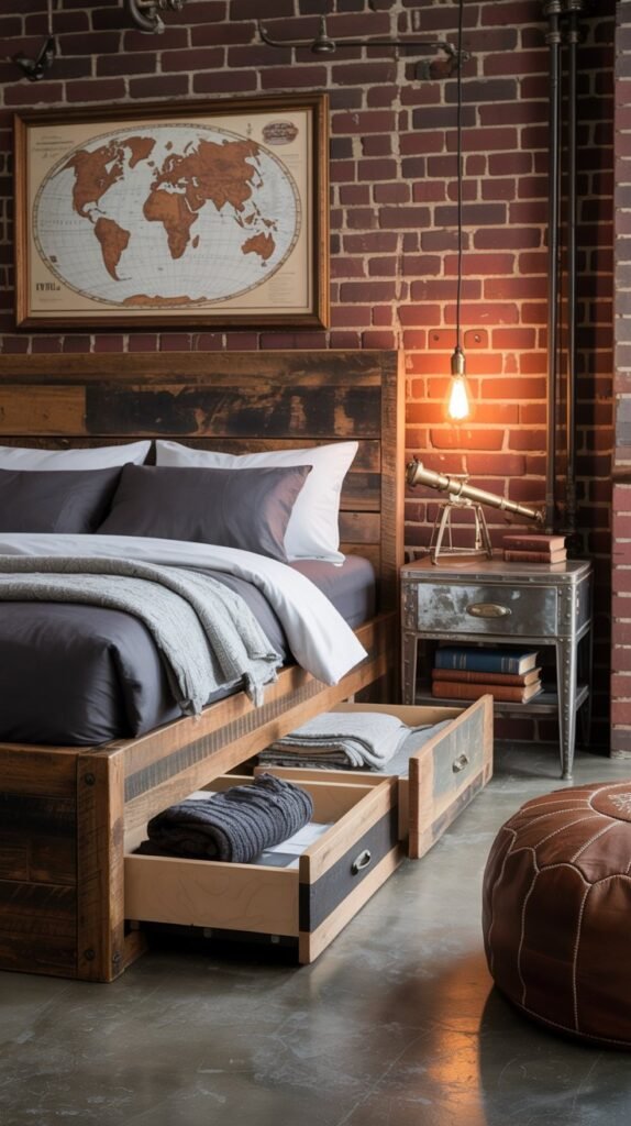 Industrial loft-style bedroom with a rugged, masculine aesthetic. The space features a reclaimed wood bed frame with built-in storage drawers filled with boots and books. The backdrop is a raw red brick wall with exposed pipes, ductwork, and Edison bulb pendant lights creating a warm, moody glow. A distressed metal nightstand holds tools and books, adding to the workshop-meets-bedroom vibe. The concrete floor complements the industrial tone, softened by a vintage brown leather pouf and simple white bedding. A framed vintage world map and an ornate black mirror bring a touch of history and character, blending grit and warmth in perfect balance.