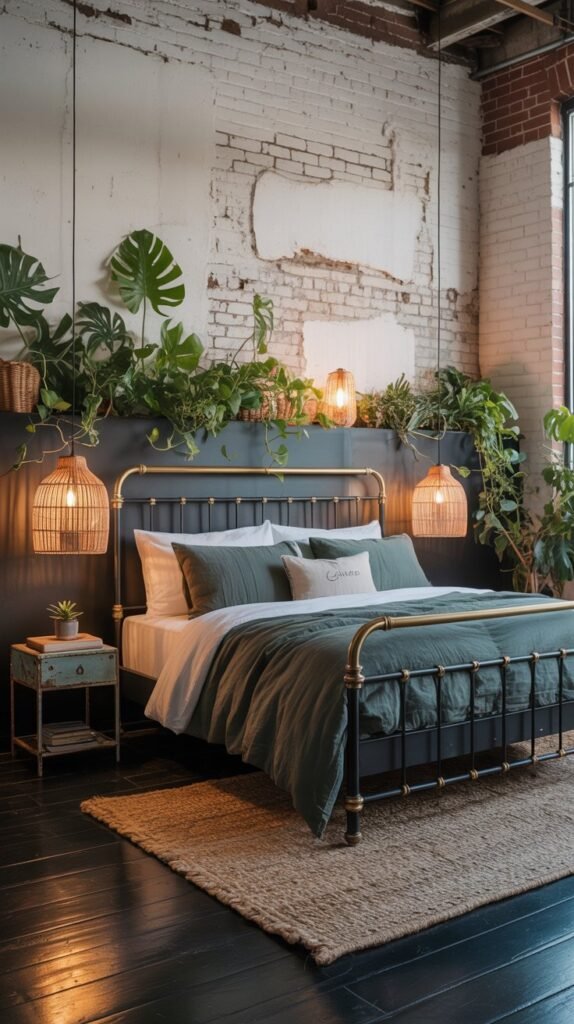 Industrial loft-style bedroom with a rustic and cozy atmosphere. The bed has a black metal and brass frame, dressed in deep green bedding with matching pillows. Behind it, a weathered white brick wall with exposed patches and a reclaimed wood half-wall adds texture and warmth. Above the bed, an old distressed blue sign hangs beneath exposed ductwork and ceiling pipes. On either side of the bed hang woven rattan pendant lights, adding natural charm. A vintage metal nightstand with drawers sits on the left, decorated with a small plant and book. Large leafy green plants and trailing vines bring life to the space, while a chunky woven jute rug rests on the dark wooden floor, grounding the look. The room blends raw industrial details with organic elements for a balanced, earthy design.