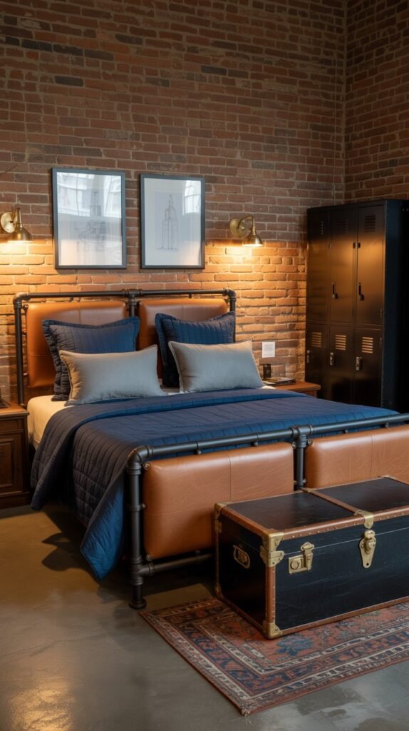 Industrial loft-style bedroom with exposed red brick walls and a moody, vintage aesthetic. The bed features a brown leather and black metal pipe headboard, dressed in deep navy blue bedding with gray accent pillows. Above the bed, brass wall-mounted sconces add warm ambient lighting, paired with framed minimalist architectural sketches on the brick wall. To the right, a round marble side table with a brass lamp enhances the vintage charm. At the foot of the bed sits a worn black leather trunk with brass hardware, placed on top of a faded oriental rug in rich red and navy tones. In the corner, matte black metal lockers add an industrial, utilitarian touch. The flooring is polished concrete, completing the rugged loft atmosphere.