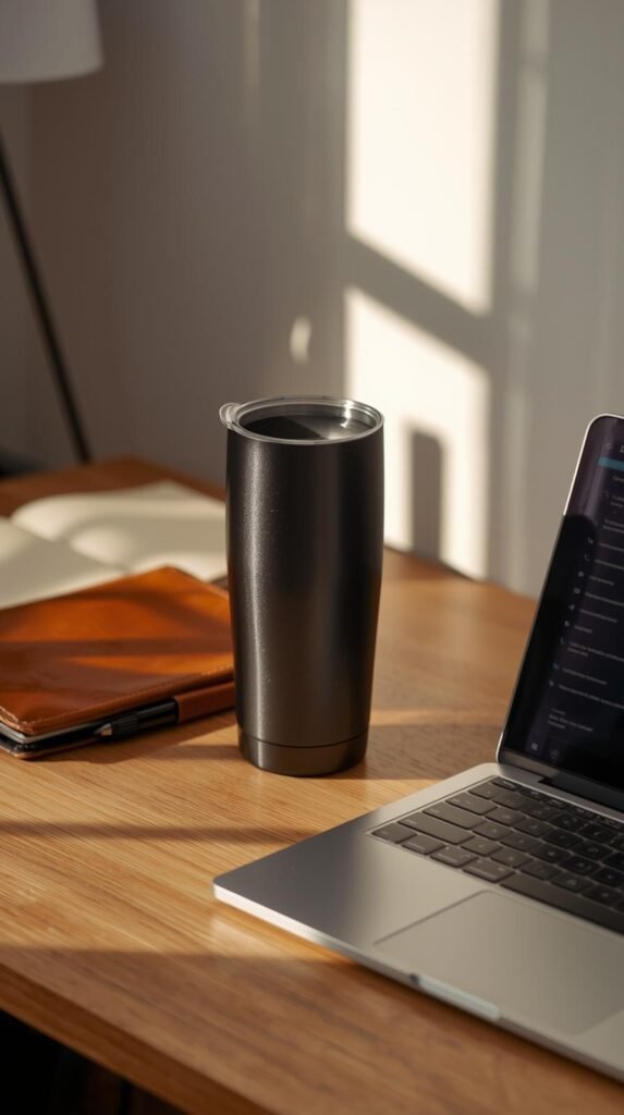 A matte black insulated tumbler sitting on a work desk beside a planner and laptop, soft sunlight hitting the metallic surface.