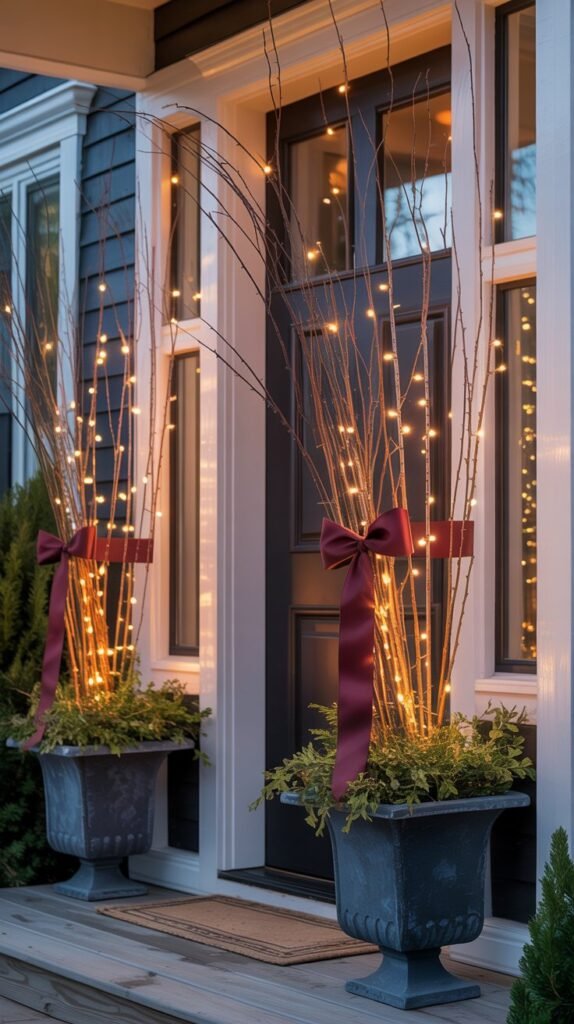 Inviting fall front porch ideas, decorated with tall vertical elements for added height and curb appeal. Elegant black or neutral planters flank the doorway, each filled with slender birch branches and twinkle lights that extend upward. Twisting curly willow or red dogwood branches add dynamic lines and organic texture. Decorative ribbon secures the branches in place, adding a subtle seasonal accent. The porch is styled with warm fall tones—muted golds, soft oranges, and natural browns—against a clean, neutral backdrop. The overall look feels balanced, organic, and sophisticated, with vertical movement that enhances the architecture while embracing natural fall beauty. No words, no people
