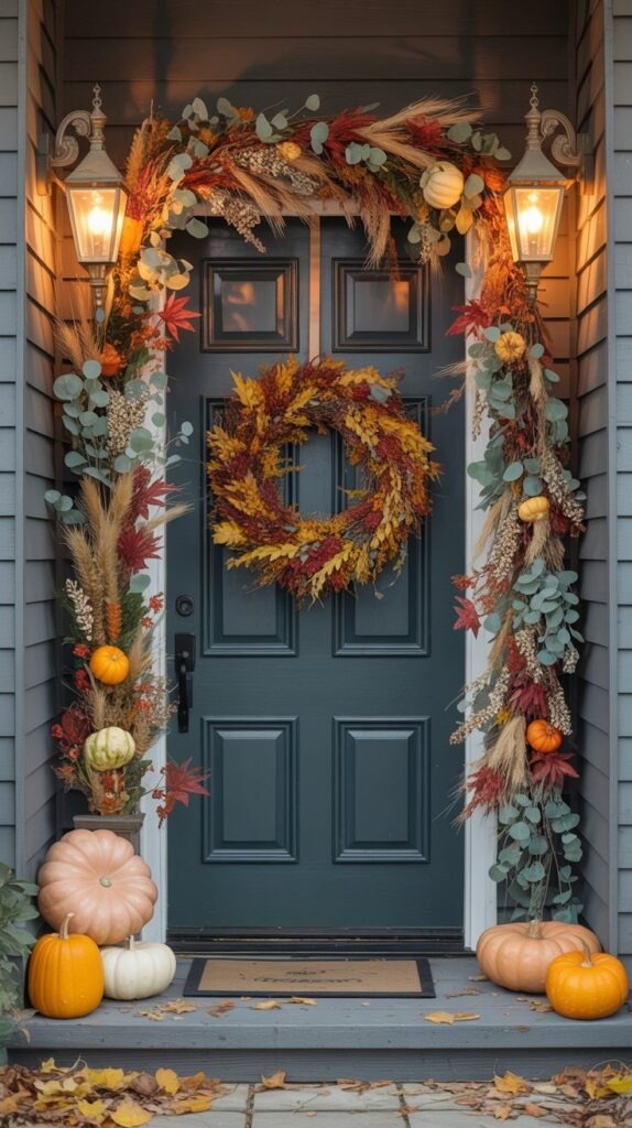 Inviting fall front porch with a beautifully layered door display. A lush autumn wreath hangs centered on the front door, surrounded by a full, textured garland that frames the doorway from top to sides. The garland is made of seasonal foliage—eucalyptus, maple leaves, dried wheat, and mini pumpkins—layered for depth and richness. Soft warm lighting, such as lanterns or string lights, enhances the cozy, welcoming vibe. The color palette features golden ambers, muted oranges, olive greens, and creamy neutrals for an elevated fall look. The overall composition feels polished yet organic, striking the perfect balance between simple elegance and festive abundance.