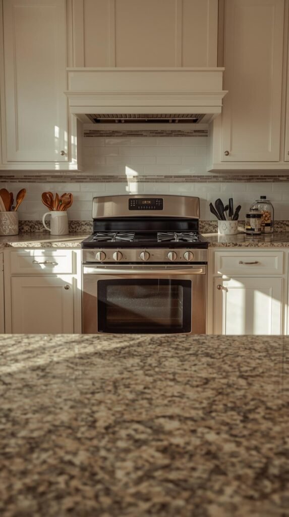 A cozy, sunlit kitchen with a sparkling clean oven at the center. The countertops are clear, and the space looks inviting and fresh.