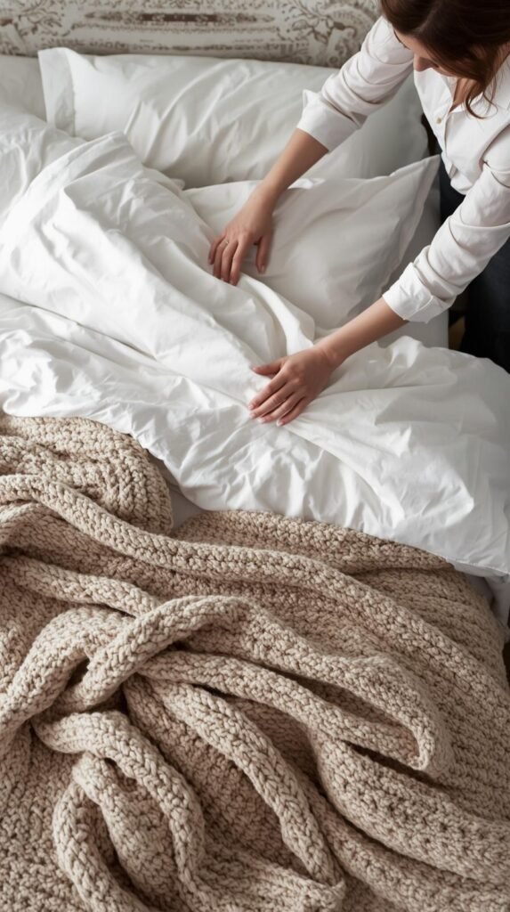Illustrate a stylist adjusting layers on a bed folding a white flat sheet, smoothing a beige coverlet, and adding a textured knit throw.