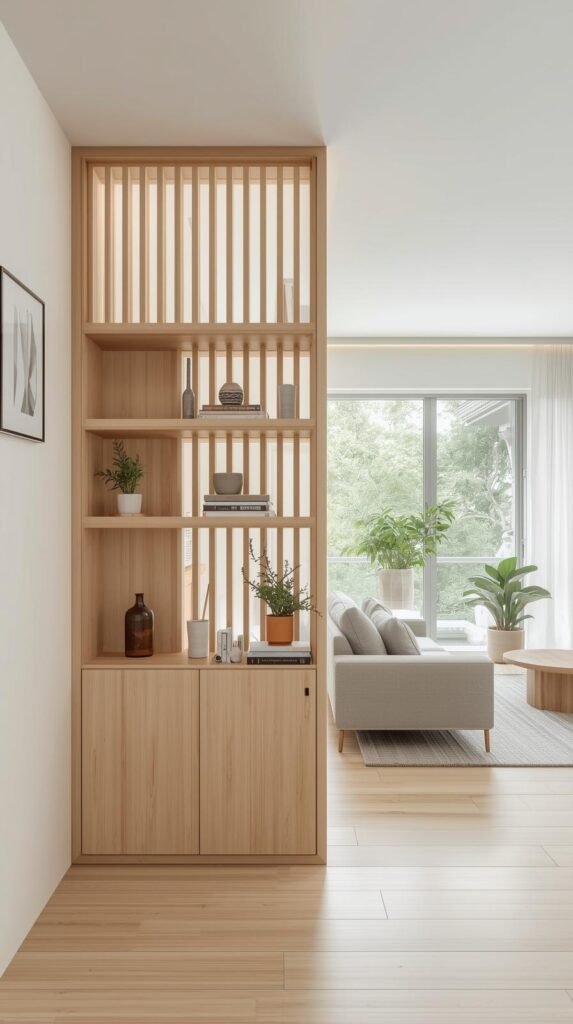 Modern Japandi-style apartment interior featuring a light wood room divider cabinet with vertical slats and open shelving above. The divider separates the entryway from the living area while maintaining an airy, open feel. The cabinet includes minimalist decor like small plants, pottery, books, and wall-mounted accents. In the background, a bright living room with a neutral sofa, wooden coffee table, indoor plants, and large windows that flood the space with natural light. The design emphasizes natural materials, clean lines, and a calm, minimalist atmosphere.