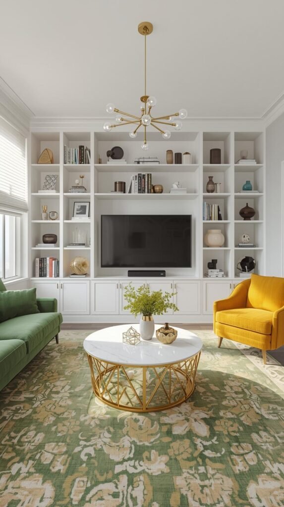 Bright and contemporary living room featuring a built-in entertainment wall with open shelving and base cabinets. The shelves are styled with books, modern ceramics, and sculptural decor, framing a large flat-screen TV. A cozy window seat with green cushions sits beneath wide windows with white blinds, allowing natural light to flood the space. The room includes a green sofa, a mustard yellow accent chair, and a round marble coffee table with a gold geometric base. A patterned rug in shades of green and beige adds warmth, while a modern chandelier with globe lights completes the sophisticated yet inviting look.