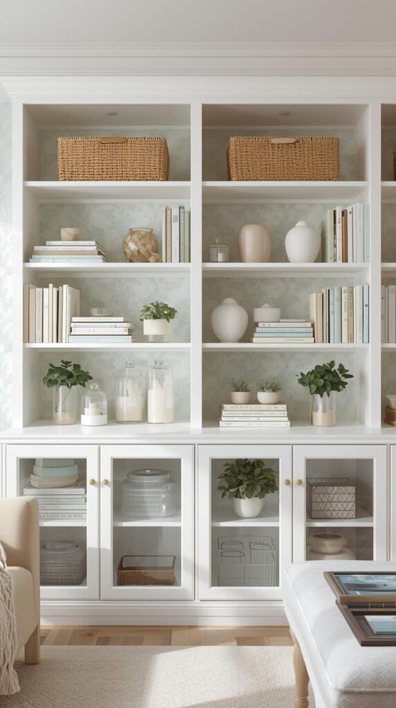 Bright and organized living room or home office featuring a large white bookshelf with both open and glass-front compartments. The shelves are styled with a mix of woven baskets, pastel-colored books, glass jars, white ceramic vases, and small green plants. The color palette is soft and airy, combining whites, creams, aqua blues, and natural textures. The wall behind has a subtle damask wallpaper pattern in light mint and white, enhancing the fresh, coastal-inspired aesthetic. The decor is balanced and symmetrical, blending function with elegant, modern farmhouse charm.