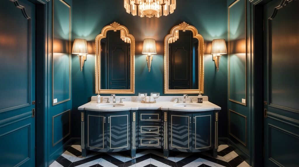 Luxurious Art Deco-inspired bathroom with bold jewel tones and glamorous finishes. The walls are painted in deep teal with elegant gold trim framing arched accents. A statement crystal chandelier hangs from the ceiling, casting a warm glow over the space. Two ornate gold-framed mirrors with scalloped edges are mounted above a flowing marble double vanity with curved black cabinetry and gold hardware. Wall-mounted sconces with pleated white shades flank the mirrors, adding soft lighting. The floor is covered in striking black-and-white chevron marble tile, creating a dramatic visual impact. The overall design is sophisticated, glamorous, and richly styled with a vintage-meets-modern Art Deco atmosphere.