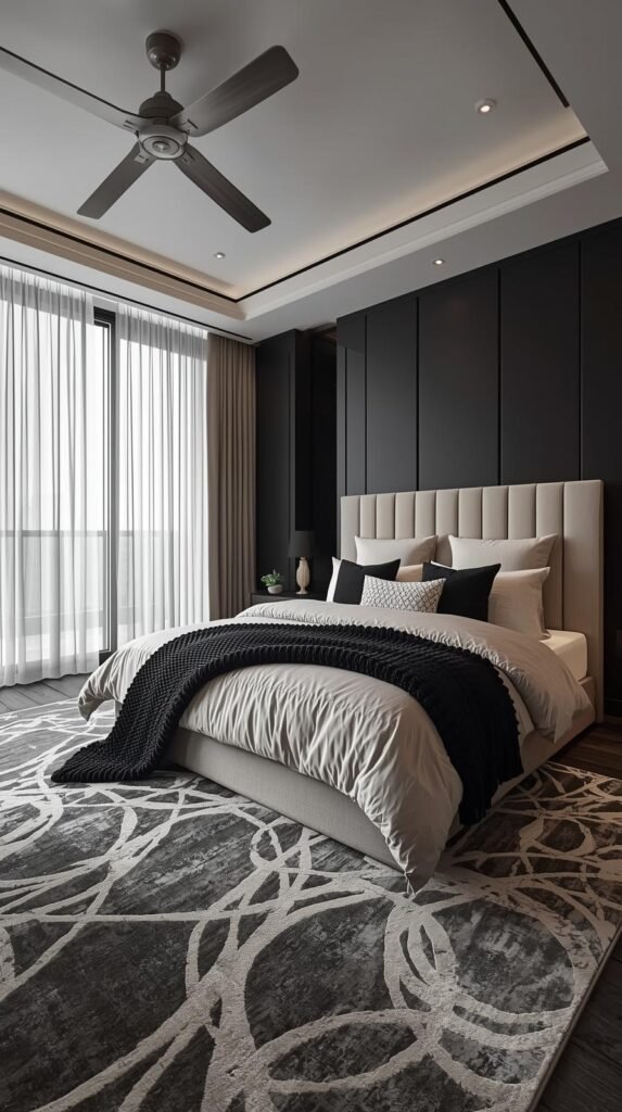 Luxurious bedroom featuring a bold black, beige, and white color palette. 