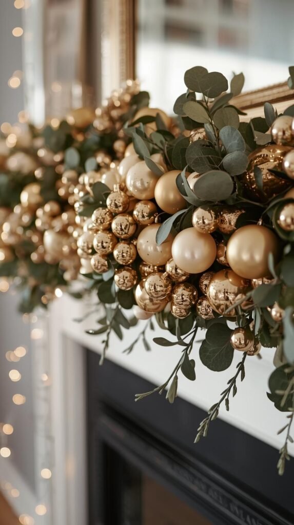 Mantel styled with mini metallic ornaments in gold, champagne, and ivory forming a clustered garland. Faux eucalyptus woven between clusters, twinkle lights softly glowing in background. Warm holiday tones, blurred fireplace backdrop, cinematic focus.