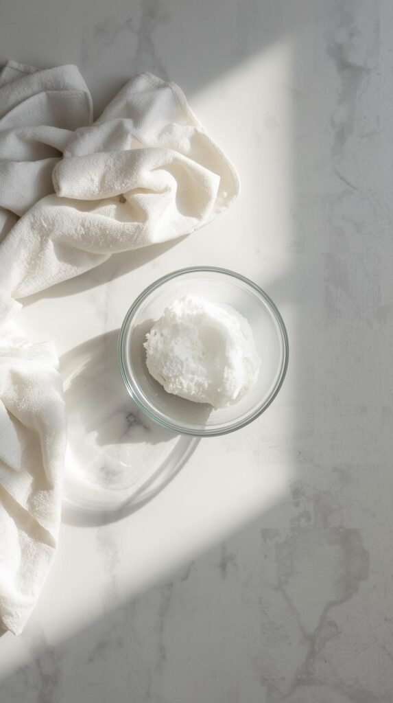 Top-down view of a clean white countertop with a small glass bowl filled with a thick baking soda paste. Next to it, Efferdent tablets fizzing in vinegar. The composition feels homemade and approachable, with neutral tones and natural light.