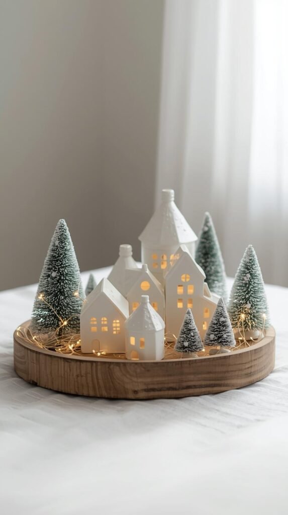 Minimalist white-and-gold ceramic village display on a wooden tray. Matte-painted houses with warm fairy lights and bottle brush trees dusted in faux snow. Neutral background, airy daylight, editorial home décor photo with symmetrical composition.