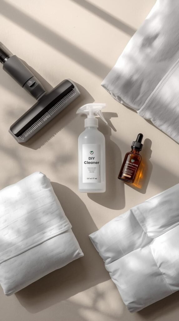 Mattress cleaning products vacuum attachment, enzyme cleaner bottle, essential oils, and a folded mattress protector.