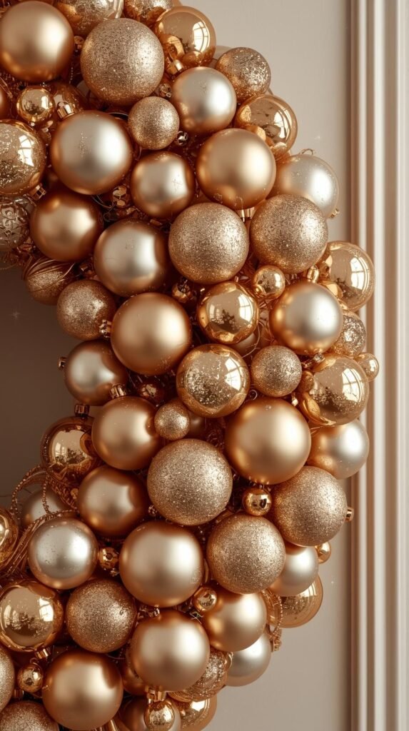 Close-up of a large metallic ornament wreath in gold and champagne tones. Matte, shiny, and glitter textures layered tightly together. Clean neutral wall backdrop, slight sparkle reflection, high clarity focus, studio-style lighting.