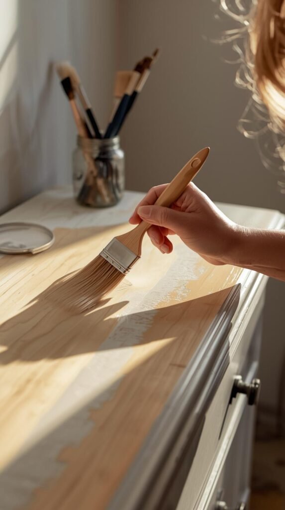 Mid-action shot of a woman painting a dresser with long, smooth strokes using a high-quality angled brush. Focus on hand technique and wet paint sheen. Soft shadows and warm lighting from a nearby window. A jar of brushes and roller tray nearby.