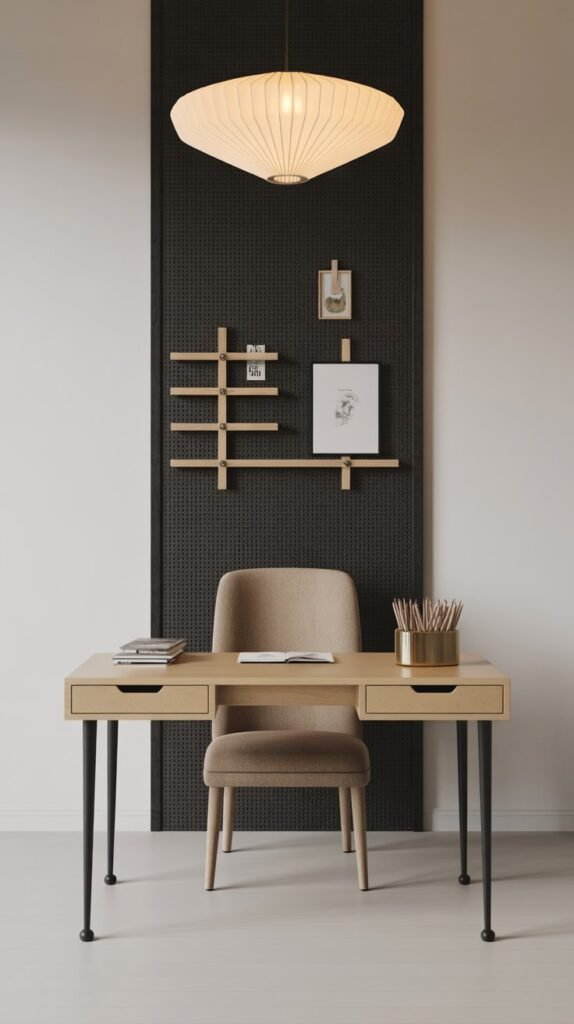 Minimalist Scandinavian-inspired home office with a clean and modern design. A light wood desk with black metal legs features two drawers and a simple layout, paired with an upholstered beige chair. On the desk sits a small wooden bowl filled with pencils. Above, a black wall-mounted floating shelf holds a couple of books, while behind it a large textured black wall panel with small wooden pegs adds contrast and visual interest. A sculptural white paper lantern pendant light hangs overhead, providing a soft glow. The space is airy and uncluttered, with white walls and a light gray floor, emphasizing calm, functionality, and natural materials.