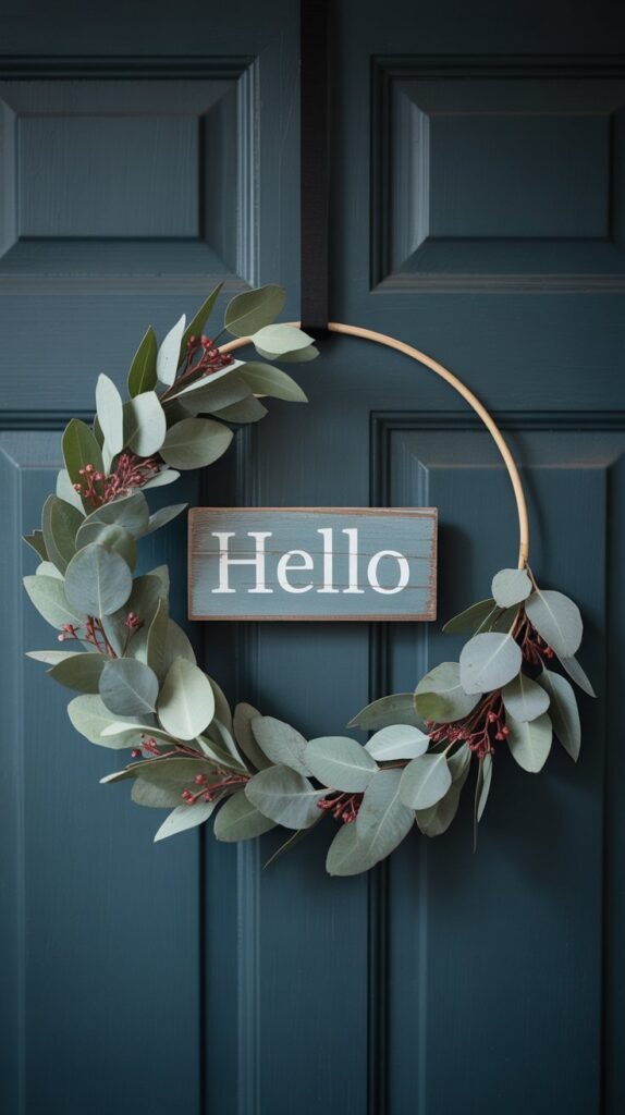 “Minimalist asymmetrical eucalyptus front door wreath on a dark paneled door. The fall front door wreath ideas feature a half-circle design with soft green eucalyptus leaves and small berries clustered on the left side of a round wooden bead frame. A rustic wooden sign with the word ‘hello’ written in modern white script sits across the center. The wreath hangs from a sleek gold ribbon, creating a clean, welcoming, and contemporary farmhouse look. Natural lighting, cozy fall vibe, sharp focus, lifestyle home decor photography.”