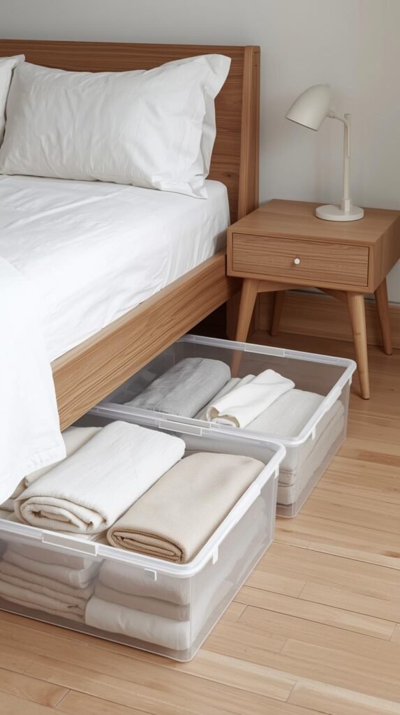 Minimalist bedroom with under-bed storage solutions featuring three transparent plastic storage boxes with hinged lids. Each bin is neatly organized with folded linens, towels, and clothing in neutral tones of white, beige, and soft gray. The boxes slide easily under a modern wooden bed with white bedding, next to a mid-century nightstand holding a small lamp. The room has light wood flooring, clean lines, and a warm, airy aesthetic that emphasizes functional organization and minimalist design.