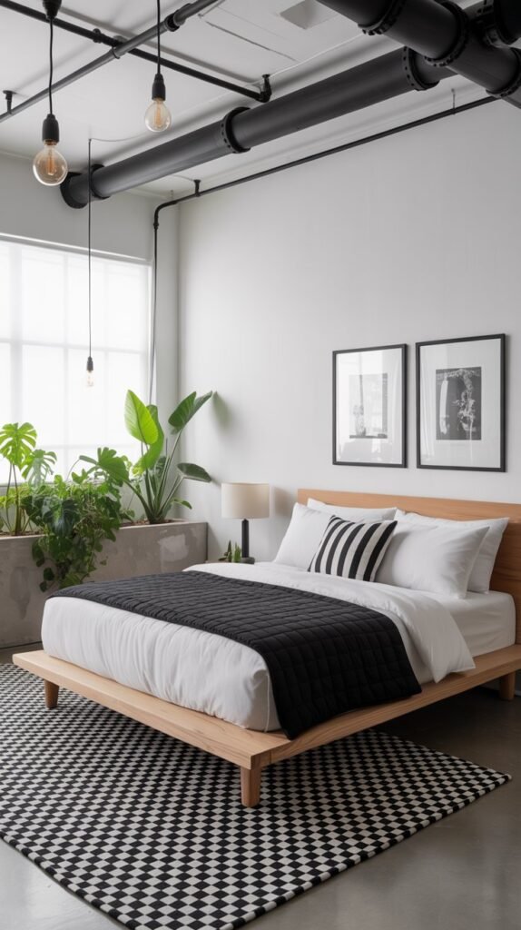 Minimalist industrial loft bedroom with a striking black-and-white color palette. The room features exposed black ceiling pipes and hanging pendant lights with exposed bulbs. A simple light wood platform bed is dressed in crisp white bedding with a black quilted blanket and a bold black-and-white striped accent pillow. On the floor, a large checkered black-and-white rug creates a graphic focal point. Two framed black-and-white prints hang above the bed, enhancing the modern aesthetic. To the left, concrete planters with green houseplants add a touch of life and softness to the stark space. A sleek metal stool sits to the side, reinforcing the utilitarian industrial vibe. The overall look is sharp, modern, and urban with clean lines and bold contrast.