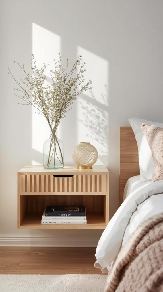 Minimalist modern bedroom featuring a floating wooden nightstand with a slatted drawer design. The nightstand holds a clear glass vase with delicate green branches, a stack of books, and a round textured glass lamp with a gold base. Below, a shelf holds additional books, including one titled ‘Tomboy’ by Marc Jacobs. The decor includes warm wood tones, a white wall, and a cozy bed with soft white bedding and a blush pink knitted throw. The aesthetic is Scandinavian-inspired — clean, natural, and serene with subtle texture and symmetry.