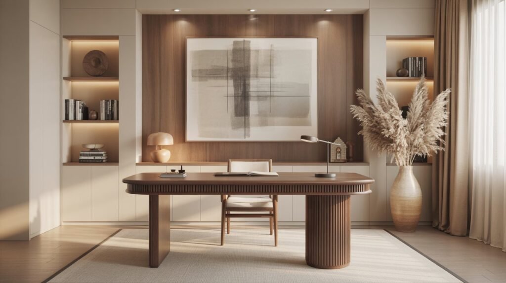 Minimalist modern japandi home office with warm neutral tones and sophisticated design. A sleek, sculptural wooden desk with fluted panel details and a cylindrical leg takes center stage, paired with a simple beige upholstered chair. Behind the desk, a wood-paneled accent wall features a large abstract framed artwork in geometric shapes. Built-in shelving with warm recessed lighting displays books and decorative objects. On the right, tall beige curtains filter natural light through large windows, softening the atmosphere. A tall ceramic vase filled with dried pampas grass adds organic texture to the space. The palette is composed of warm beige, soft browns, and natural wood tones, creating a serene and refined workspace.