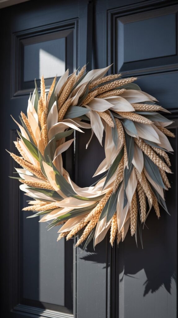 “Modern full fall wreath made of dried corn husks and wheat stalks, styled in a swirl pattern on a matte black front door. The wreath features alternating layers of pale beige husks and silvery wheat for texture and contrast, creating a natural, sculptural look. Clean lines, neutral tones, and elegant asymmetry evoke a sophisticated autumn feel. Soft natural lighting, high-resolution lifestyle photography, modern farmhouse aesthetic.