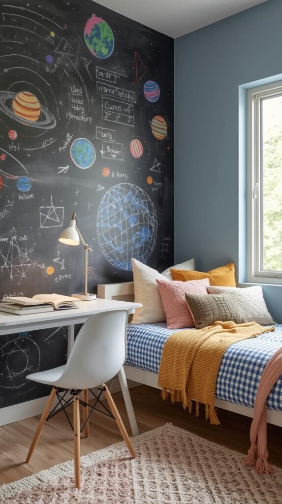 Modern kids’ bedroom with an educational and creative design. One wall is painted with chalkboard paint and covered in colorful chalk drawings of the solar system, planets, and geometry notes. A sleek white desk with books and a lamp sits against the chalkboard, paired with a white chair featuring wooden legs. The adjacent wall is painted a soft blue and features a large window letting in natural light. A cozy daybed with blue-and-white gingham bedding is adorned with textured throw pillows in mustard, pink, and cream tones. The overall vibe is playful yet calm—perfect for both studying and relaxing.