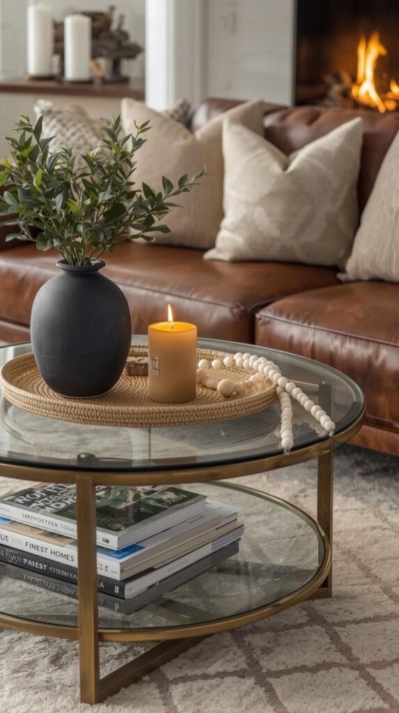 Modern living room coffee table styling with a round glass and brass frame table. On top, a woven tray holds a matte navy vase with lush green branches, a tan ceramic candle, and a white wood bead garland draped casually. The lower shelf features stacked design books, including ‘World’s Finest Homes.’ The setting includes a cozy neutral rug with a geometric pattern, a brown leather sofa with textured throw pillows, and a fireplace background decorated with white pillar candles and wood accents. The overall aesthetic is warm, inviting, and sophisticated with earthy tones and natural textures