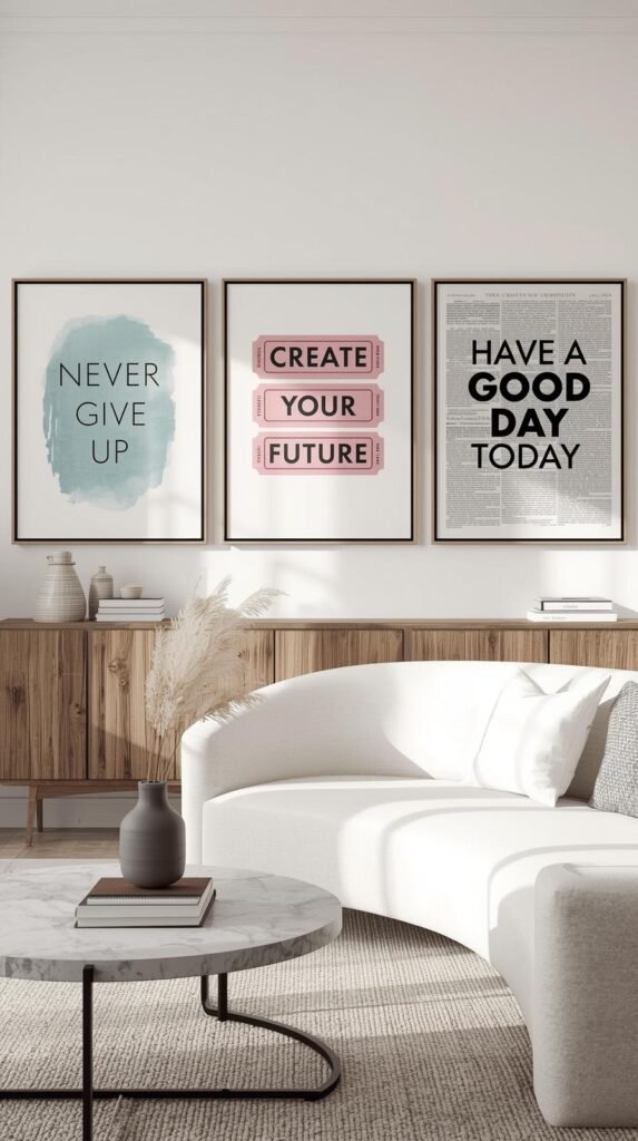 Modern living room with three framed wall art prints above a minimalist wooden console. The left artwork features text reading ‘SALT WATER SOUL’ in soft blue watercolor typography. The center print shows three vintage-style pink tickets labeled ‘YAPPY HOUR ADMIT ONE’. The right print displays bold black text on a newspaper-style background reading ‘MAKE LOVE, MAKE ART, MAKE OUT, MAKE MONEY’. Below the artwork, a white curved sofa, round coffee table with books and a gray vase of dried pampas grass complete the decor. Neutral color palette with natural wood, white walls, and black accents for a contemporary, coastal-inspired aesthetic.