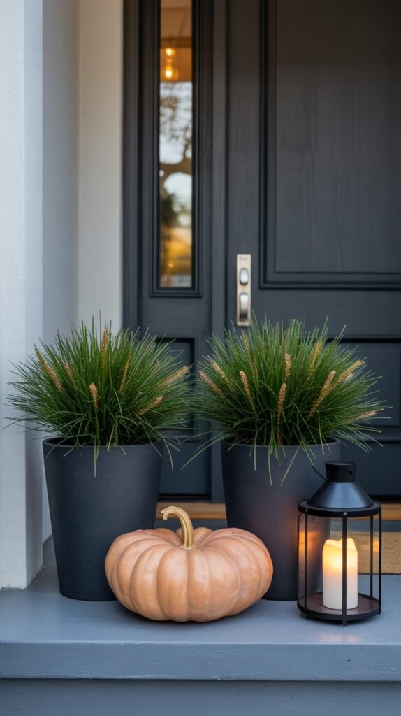 Modern minimalist fall front porch styled with clean, sculptural elements. Two identical matte black planters sit symmetrically on either side of a sleek front door, each holding a neatly trimmed green topiary or ornamental grass. Between them rests a single large heirloom pumpkin in soft white or muted orange tones—perfectly shaped and centered for balance. A streamlined black metal lantern with a pillar candle adds a warm, subtle glow. The porch features neutral tones—charcoal, beige, and soft gray—with smooth textures like concrete and wood. The overall aesthetic is refined, understated, and intentional, blending Japandi simplicity with modern curb appeal.