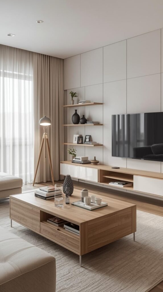 Modern minimalist living room with multifunctional smart furniture and sleek design. The room features a neutral color palette of white, beige, and warm wood tones. The entertainment wall includes floating wooden shelves with decor pieces, a mounted flat-screen TV, and a low-profile console with geometric drawers and open shelving. A creative coffee table with hidden storage compartments holds books, cups, and decor, emphasizing practicality and style. Floor-to-ceiling sheer curtains allow natural light to fill the space, while a tripod floor lamp adds soft ambient lighting. The room’s aesthetic is clean, functional, and contemporary — ideal for compact modern living.