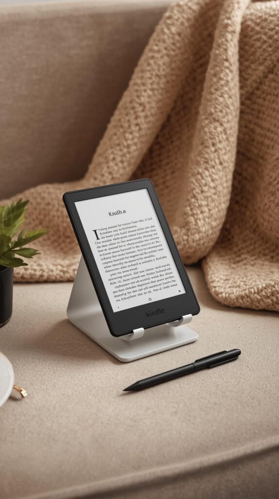 Modern reading setup with a Kindle or tablet on a stand.
