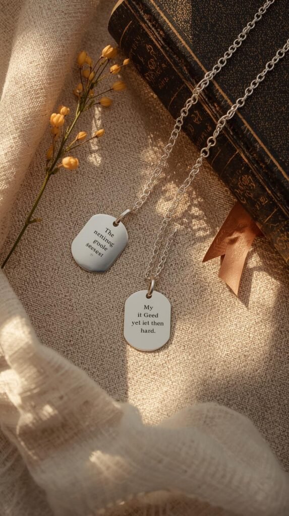 Flat lay of a necklace and bracelet engraved with literary quotes.
