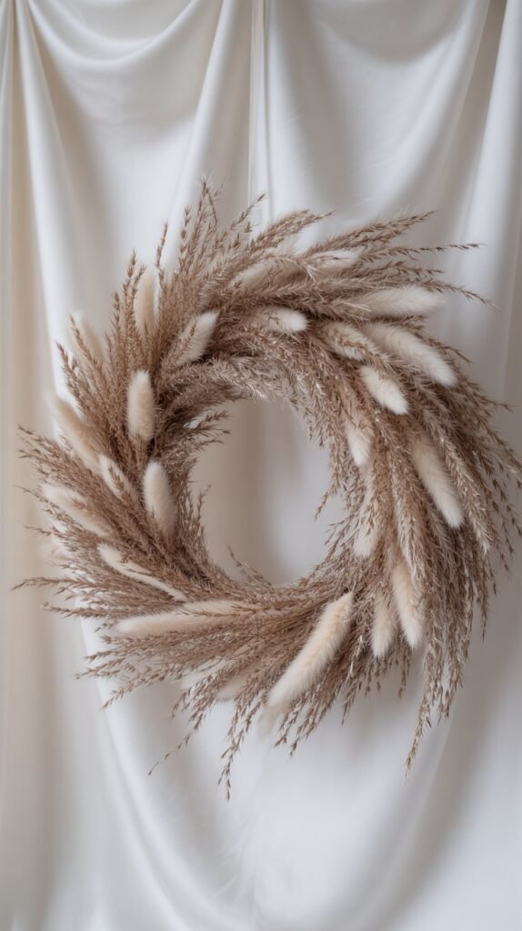 Minimalist neutral wreath made entirely of dried pampas grass arranged in a soft, feathery circular shape. The design is airy and natural, with layers of beige and taupe tones creating a full, textured halo effect. Displayed against a clean white background for a modern, boho-inspired aesthetic. Soft natural lighting, high-resolution detail, and an organic, sculptural feel — perfect for minimalist, coastal, or modern farmhouse decor