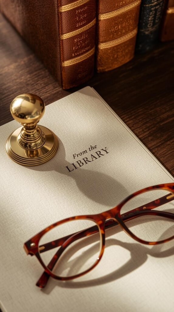 Personalized book embosser pressing a seal into a page with “From the Library of” text.