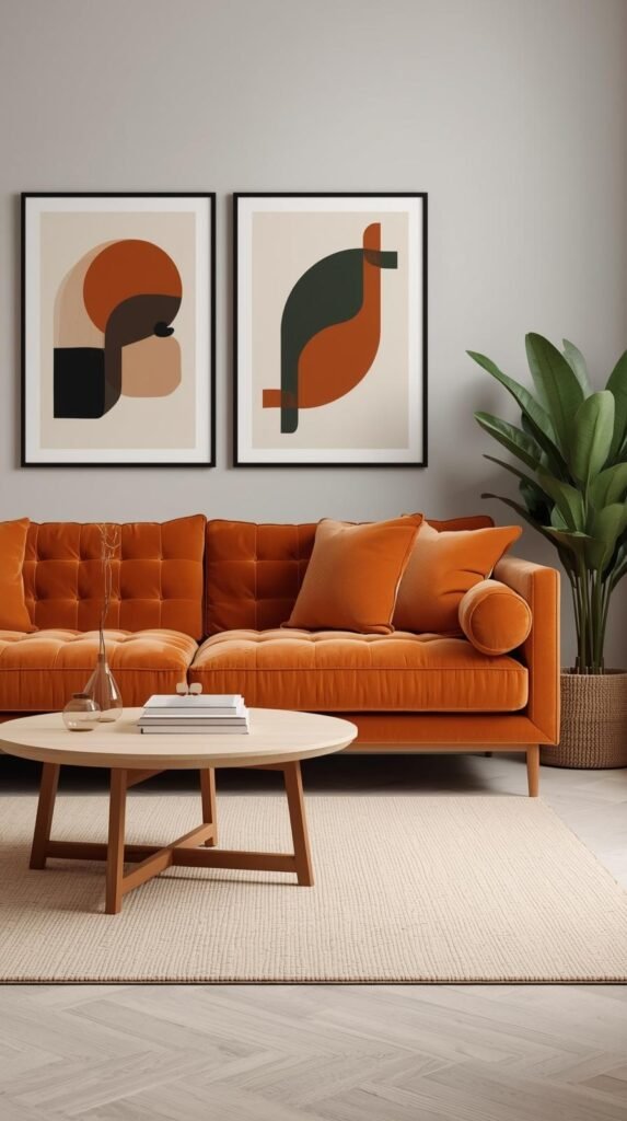 Modern living room interior with a mid-century inspired orange velvet sectional sofa featuring tufted cushions and bolster pillows. The wall behind the sofa has three framed abstract art prints with geometric shapes in muted tones of orange, green, beige, and black. A round, light-wood coffee table sits on a soft gray area rug, styled with a small vase and books. The backdrop includes a light gray wall, pale wood flooring, and a tall green houseplant in the corner, creating a cozy yet contemporary atmosphere