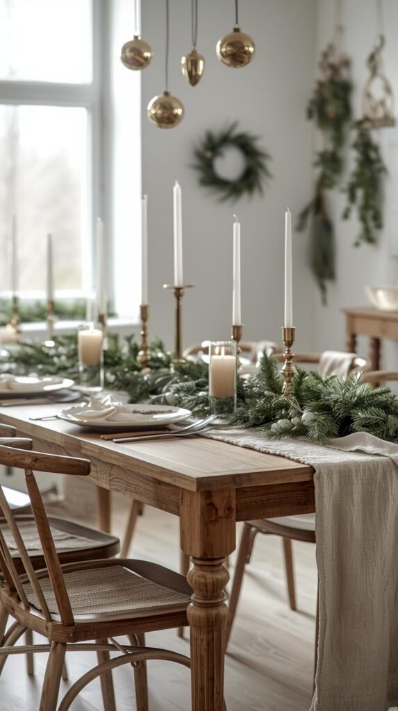 Rustic Scandinavian-inspired winter dining table decorated in natural, neutral tones. The table features layered linen table runners in beige and ivory, adorned with evergreen garlands, gold candlesticks with white taper candles, and subtle greenery accents. Wooden chairs surround the table, complementing the organic textures. Gold ornaments hang delicately in the background, while small evergreen wreaths and antler decor add a touch of woodland charm. Soft, natural light filters through the windows, creating a cozy, minimalist holiday ambiance. High-resolution interior photography with a clean, serene aesthetic.
