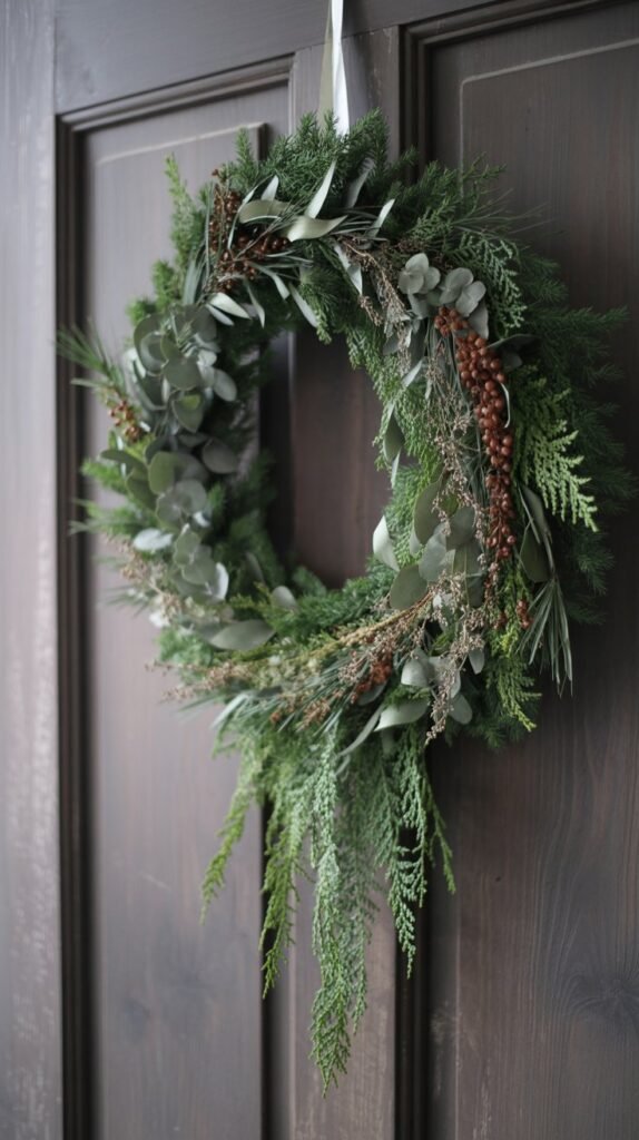 Rustic evergreen wreath on a dark wooden door, crafted with layered textures of pine, cypress, and eucalyptus branches. The wreath includes natural seed pods, dried florals, and subtle brown accents for an organic, wild-foraged look. Loose, asymmetrical design with soft draping greenery and earthy tones. Natural lighting with a slightly moody atmosphere, capturing a woodland-inspired, winter farmhouse aesthetic. High-resolution lifestyle photography with a cozy, organic feel