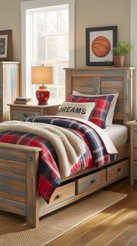 Rustic farmhouse-inspired bedroom with a cozy, youthful charm. The centerpiece is a weathered wood twin storage bed with built-in drawers and cubby shelving in the headboard, showcasing books and small decor. The bedding features bold plaid patterns in red, navy, and white, adding a touch of Americana style. Warm natural light filters through large windows, illuminating the room’s honey-toned wood floors and neutral woven area rug. A matching rustic dresser and nightstand complete the look, with accents like a red ceramic lamp, framed basketball wall art, and personalized decor that give the space personality and warmth. The overall aesthetic feels lived-in, comfortable, and timeless—perfect for a relaxed and practical bedroom setting.