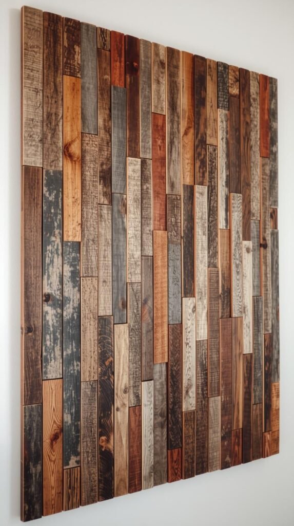 Rustic geometric wood wall art made from reclaimed wood planks in varying shades of brown, beige, gray, and muted red. The design features vertically arranged wooden strips of different heights, widths, and textures, creating a three-dimensional, layered effect. Each piece of wood shows natural grain, knots, and weathered finishes, adding depth and warmth to the overall composition. The artwork is displayed against a clean white background, showcasing a modern farmhouse or industrial style accent piece perfect for wall decor.