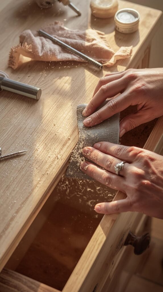 Close-up of hands sanding a wooden dresser drawer with fine-grit sandpaper, surrounded by tools — tack cloth, screwdriver, cleaning wipes, and wood filler. Natural light with dust particles visible in the air, showing movement. Soft beige and wood tones.